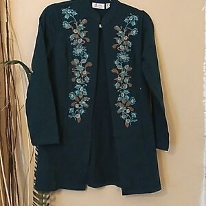 Denim + company Women's 100%Cotton green embrodery open front cardigan Sz XXS
